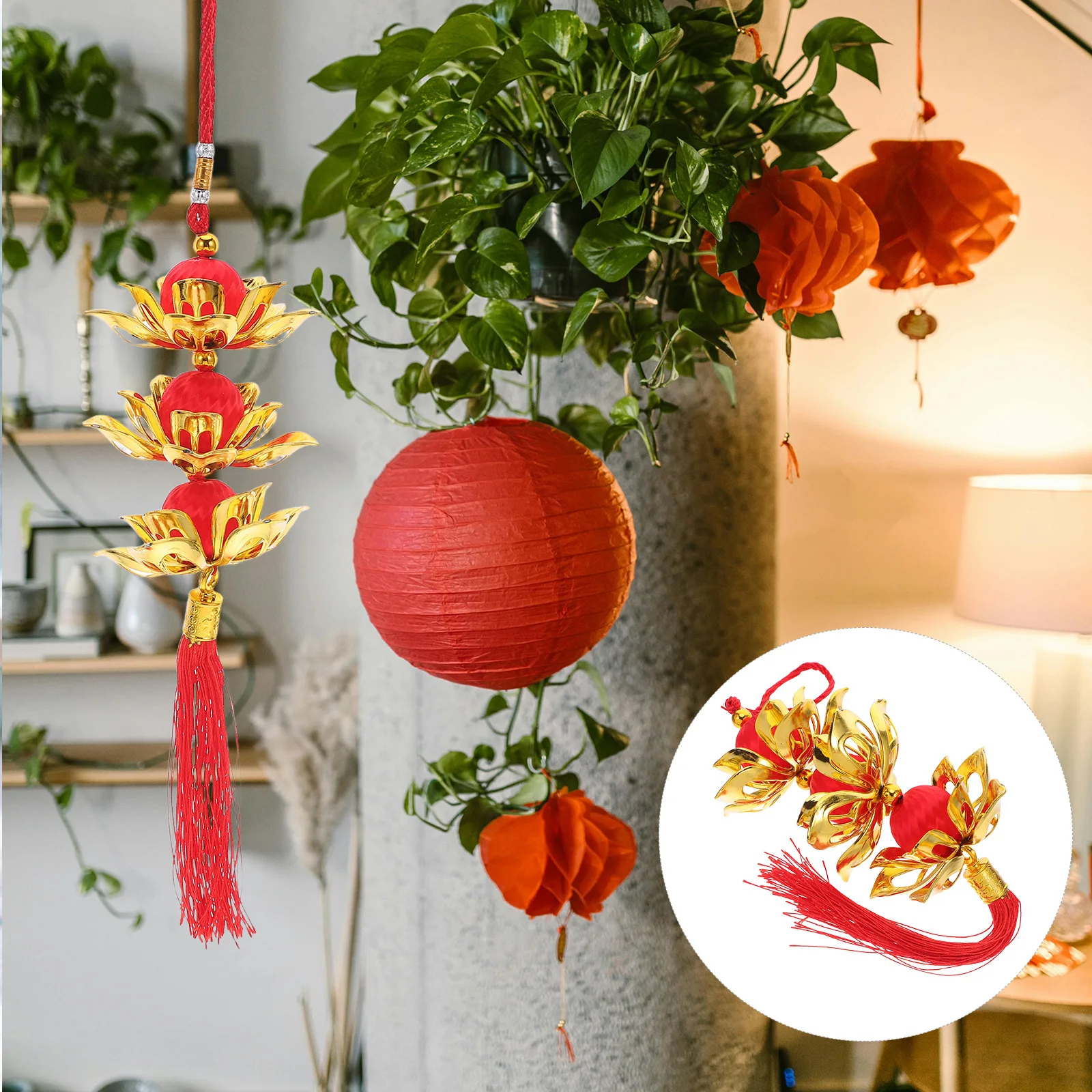 โคมไฟดอกบัวพู่สีแดงสดใส 3 ดอก สไตล์ดอกบัว สำหรับตกแต่งฉลองปีใหม่ เทศกาลฤดูใบไม้ผลิ ของประดับตกแต่งปีใหม่