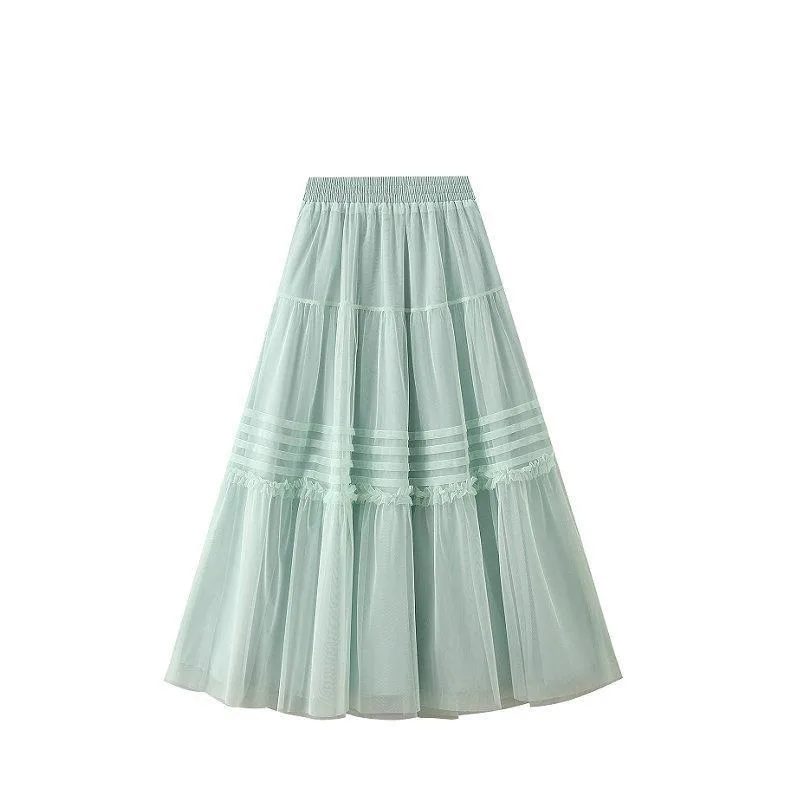 

Lace Large Hem Mesh Skirt Women A-Line HalfLength Skirt Women's Summer Vintage Elegant Solid Color Half Length Mid Length Skirt