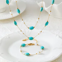 Turquoise Stones Pearl Necklace Bracelet Women Set Stainless Steel Natural Stone Beaded Pendant Female Necklaces Luxury Jewelry