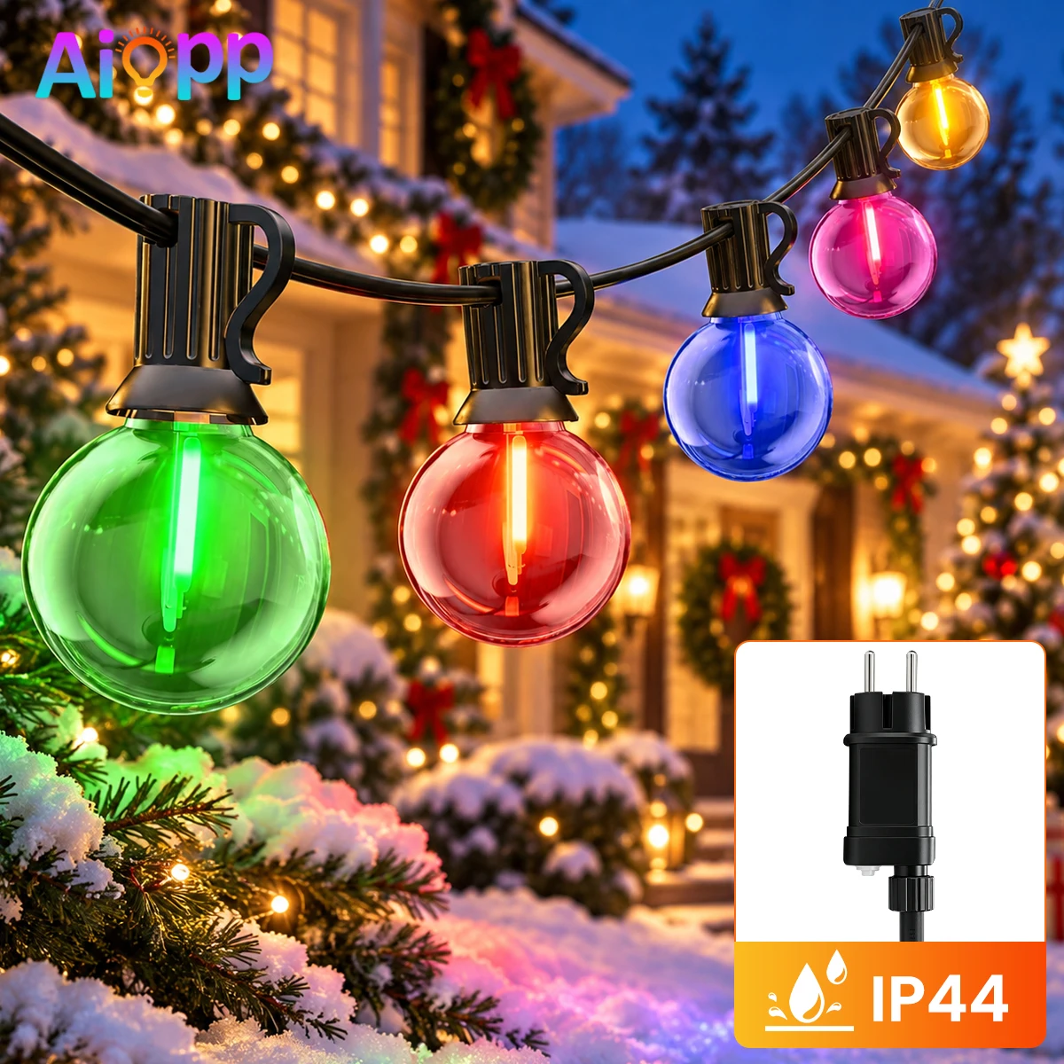 Aiopp G40, luci a stringa natalizie multicolore a LED per esterni, con 8 modalità di illuminazione, lampadine a globo resistenti agli urti e impermeabili IP44, ideali per decorare patio, giardini,