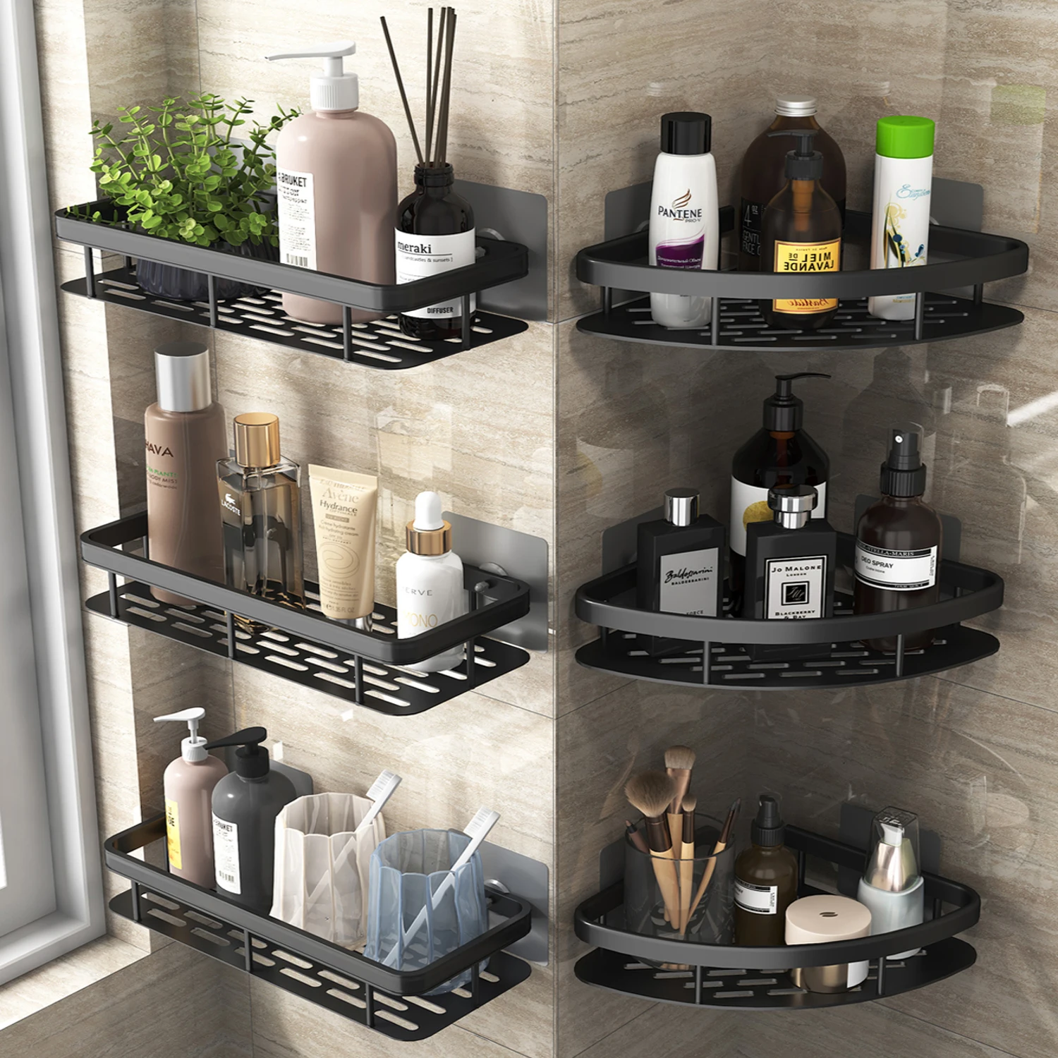 2PCS Bathroom Nail-free Shelf Shower Corner Shelf Aluminum Shampoo Shelf Shower Supply Storage Shelf Bathroom Accessories