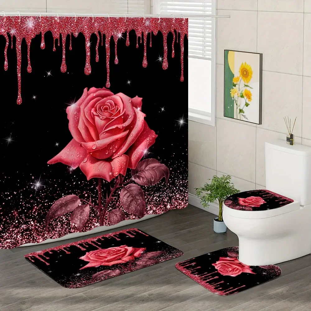 Pink Rose Shower Curtain and Rug Bathroom Set Floral Pink Glitter Shower Curtains Bath Mat Toilet Mat Bathroom Decor with Hooks