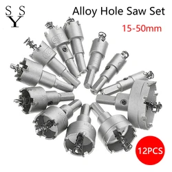 12Pcs15-50mm Alloy Hole Saw Set Carbide Tip TCT Metal Cutter Core Drill Bit Kits for Stainless Steel Metal Drilling Crown