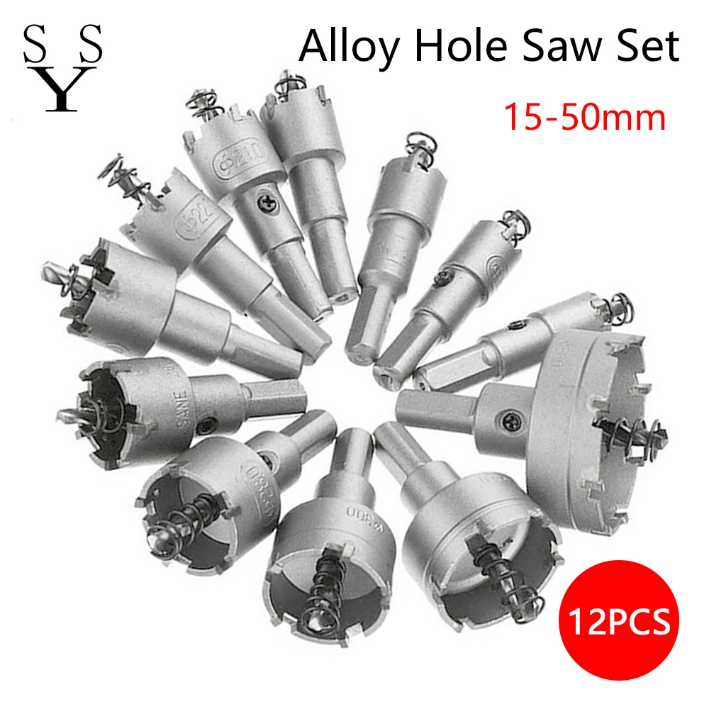 12Pcs15-50mm Zestaw otwornic ze stopu węglików spiekanych TCT Zestawy wierteł rdzeniowych do wiercenia w metalu ze stali nierdzewnej Korona