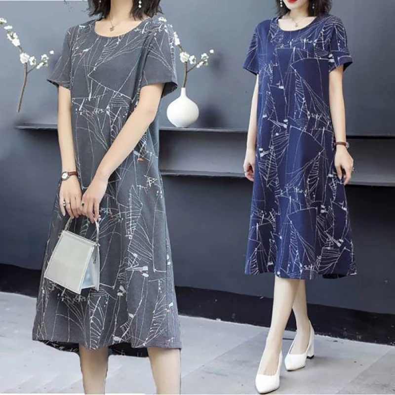 Fashion O-Neck Loose Printed All-match Midi Dress Women's Clothing 2024 Summer New Oversized Commuter Short Sleeve Dresses