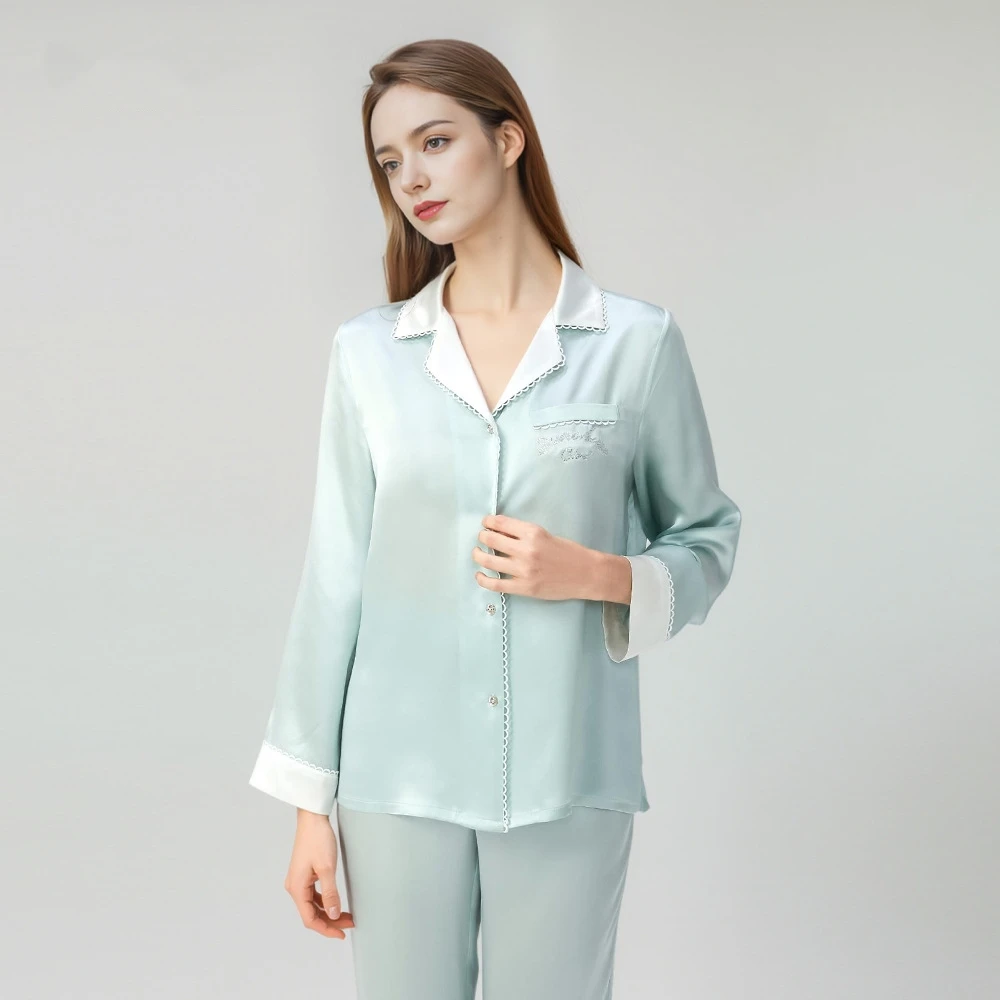 BirdTree,OEKO-TEX, 19MM 100% Silk Pajamas Set,Women's Solid Full Sleeve Lapel Homewear Casual Clothes,2026 Spring New P61728JF