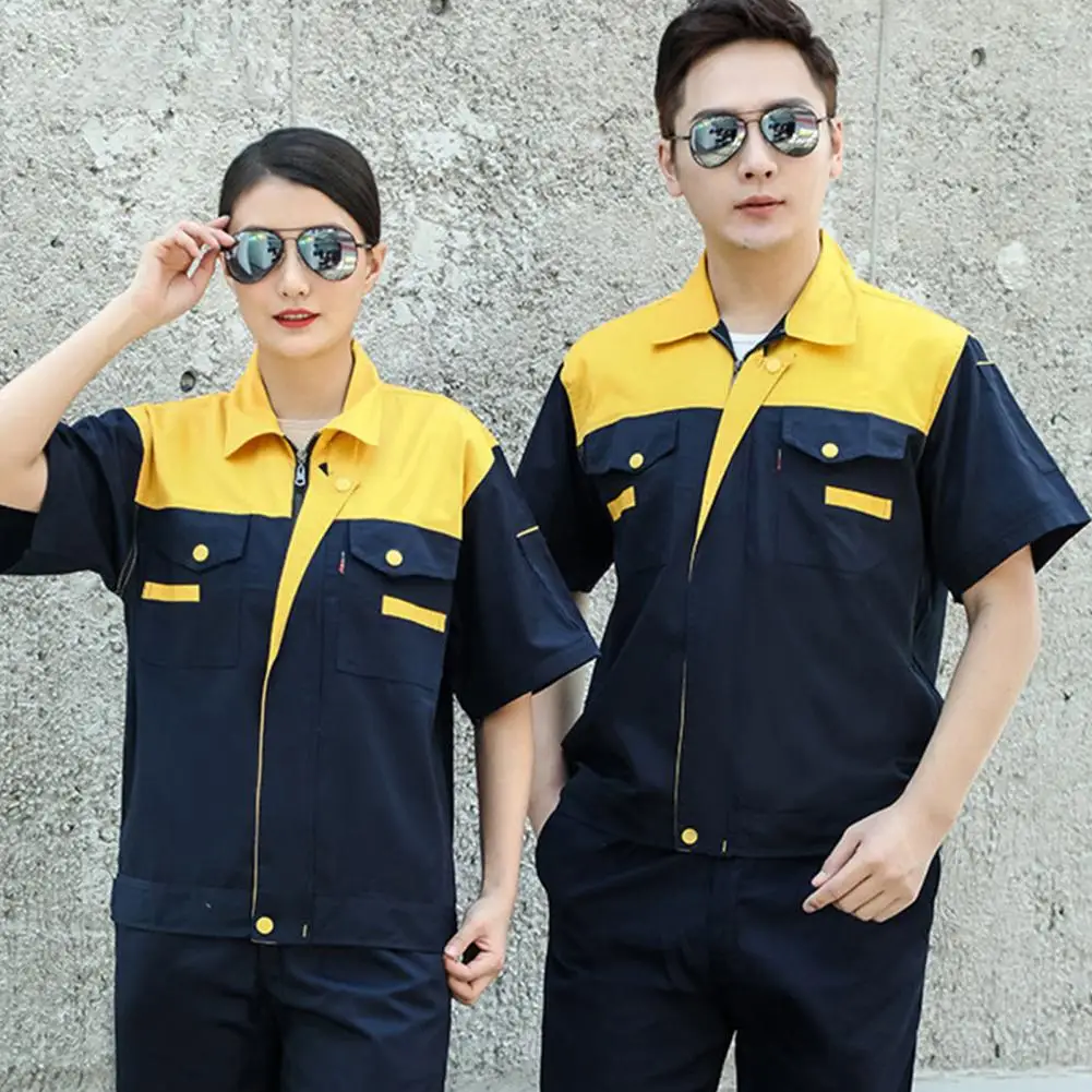 

2Pcs/Set Work Clothes Suit Lapel Short Sleeve Zipper Tops Anti-Fouling Long Pants Set Patchwork Color Workwear