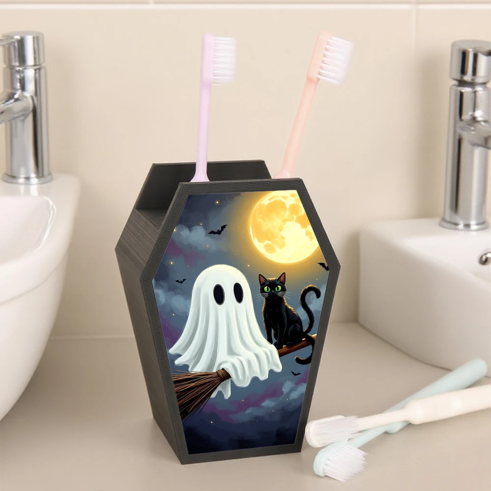 Cross-border Gothic Coffin Shaped Toothbrush Holder With Ghost Black Cat Full Moon Print, Multi-grid Bathroom Vanity Toothpaste