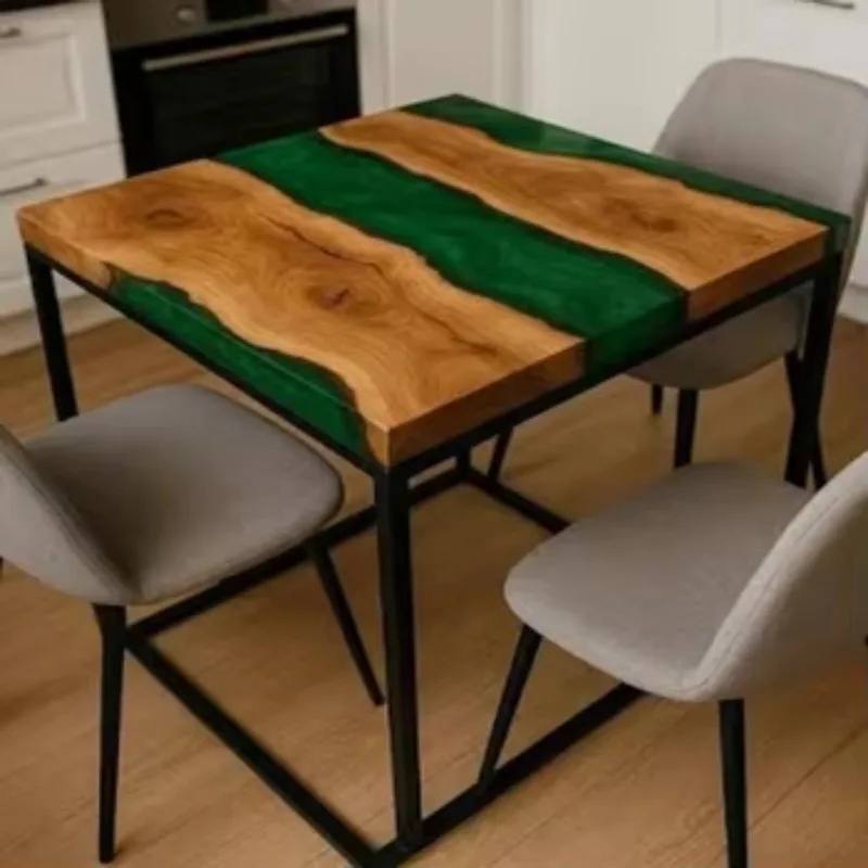 Green resin luxury modern home dining table, square solid acacia wood desktop