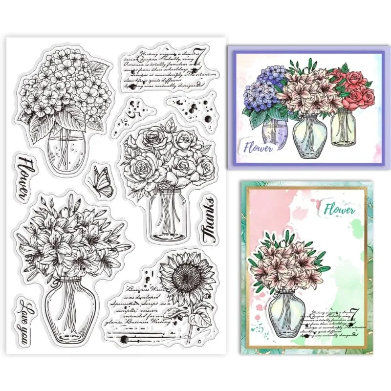 1 Blatt Blumenvase, transparente Stempel für Kartenherstellung, Rosen-Hortensien, transparente Stempel, Siegel, transparente Stempel für DIY-Scrapbooking-Foto