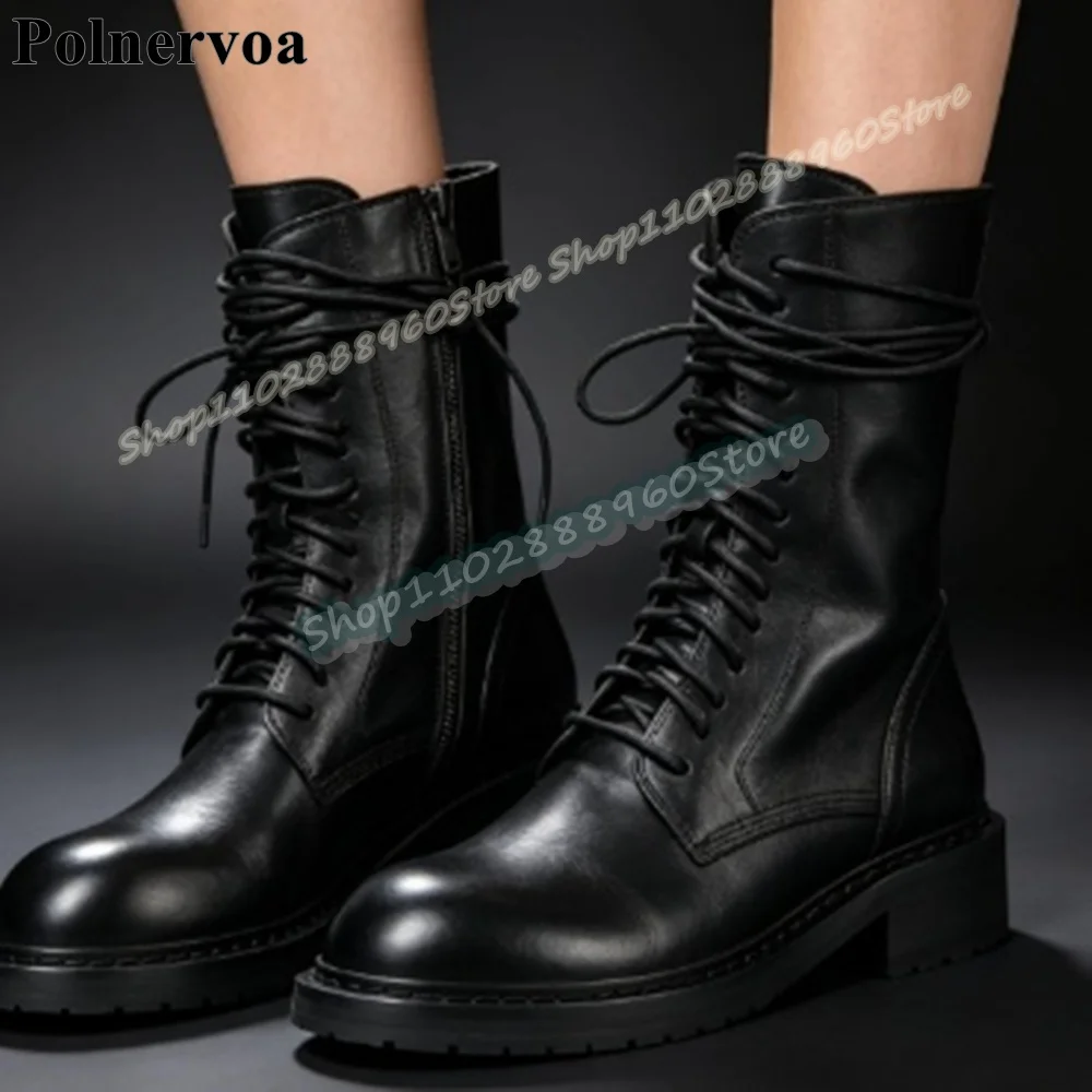 Trending Cross Tied Black Leather Ankle Boots Flats Shoes For Women Side Zipper Round Toe Fashionable 2026 Zapatos Para Mujer