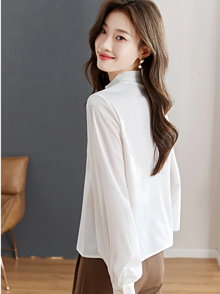 #3201 White Long Sleeve Shirts Women Embroidery Chinese Style Vintage Loose Stand Collar Womens Tops And Blouses Pearl Buttons