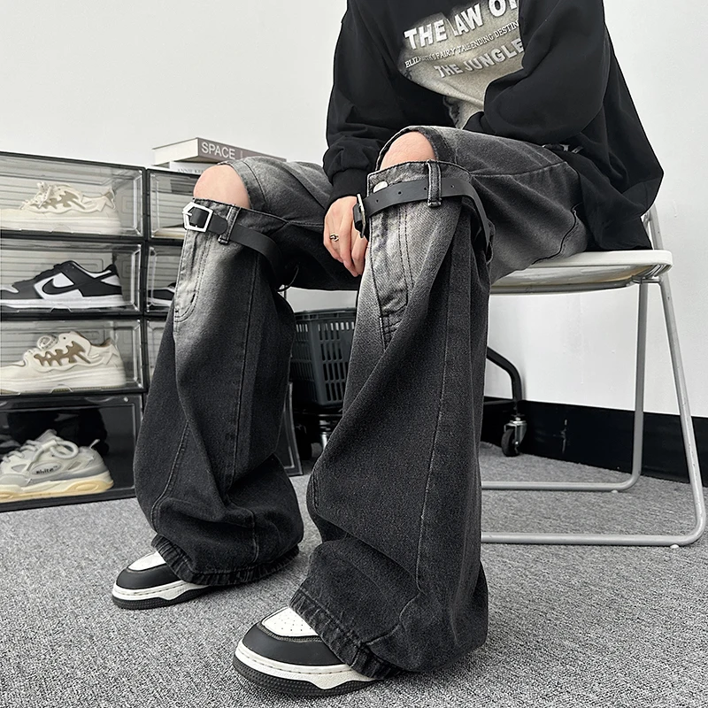 

American High Street Sle Men's Jeans Vintage Loose Wide Leg Long Torn Patchwork Cool Brand Casual mid Waist Zipper
