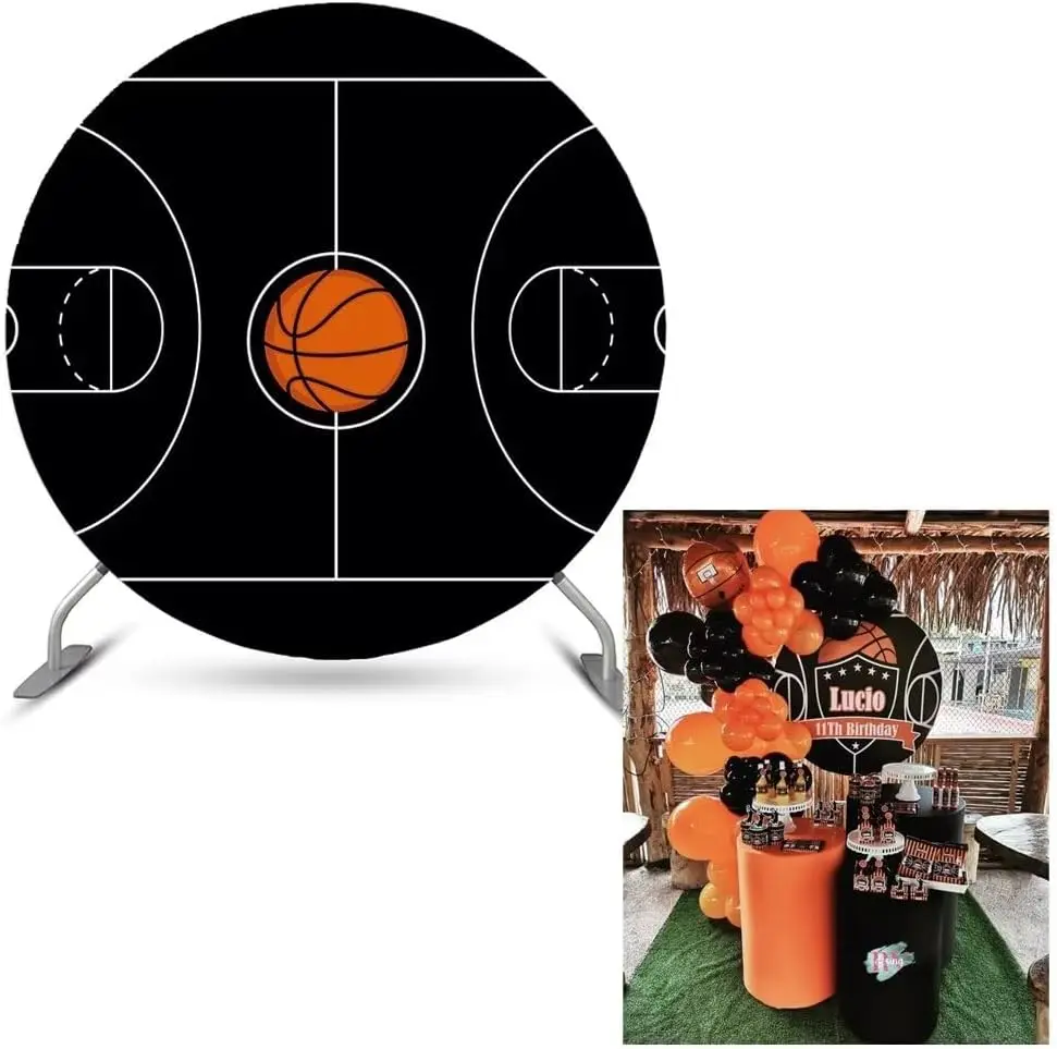 Orange Pedestal Cylinder Covers for Boy Birthday Parties Basketball Sports Theme Tablecloth Decor