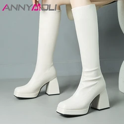 ANNYMOLI stivali Gogo alti al ginocchio da donna punta quadrata tacchi alti spessi piattaforma stivali lunghi scarpe moda donna inverno marrone Beige 43