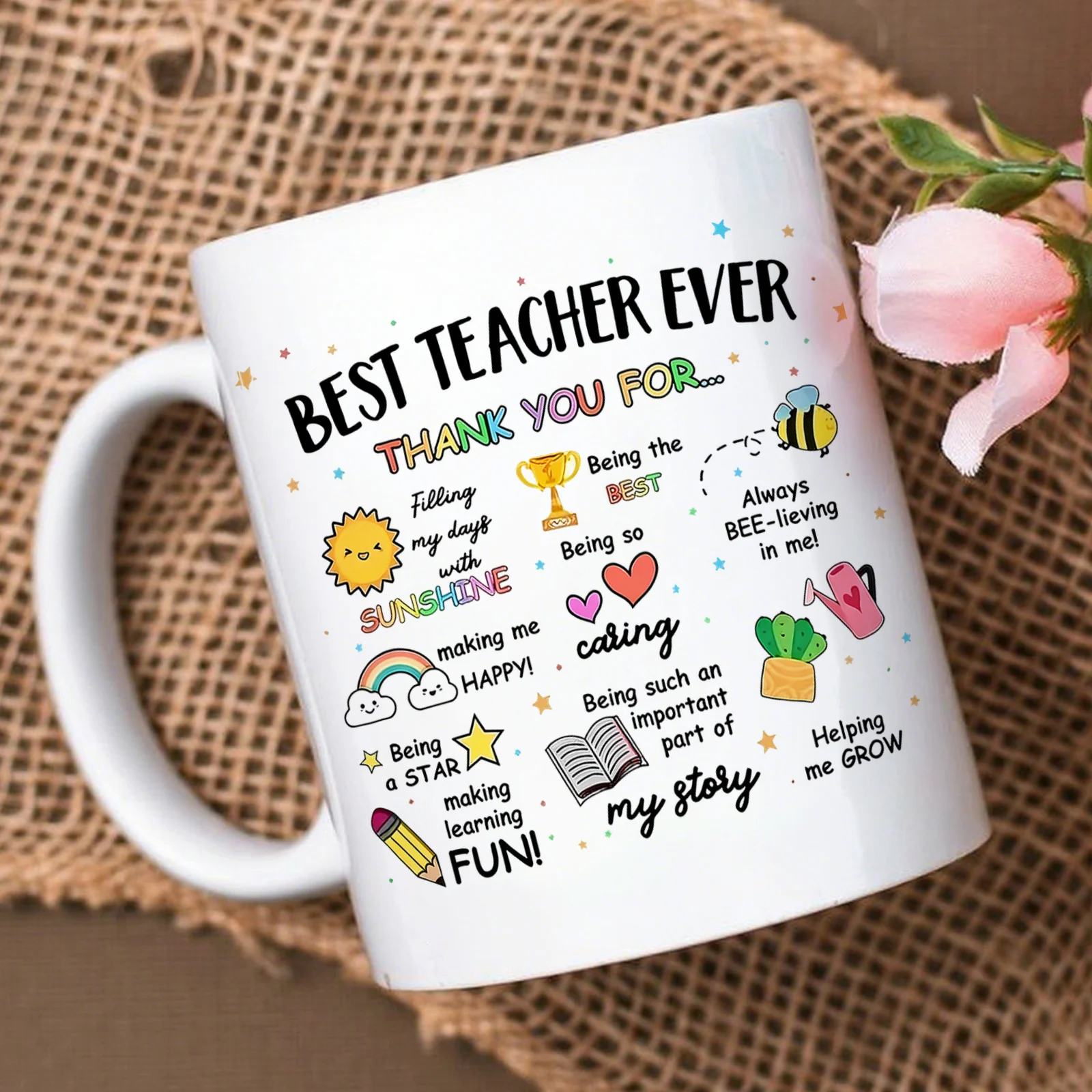 1pc Best Teacher Ever Thank You Coffee Mug- Teacher Appreciation Cup With Colorful Quotes& Rim Suitable For Teacher Gifts - view 4
