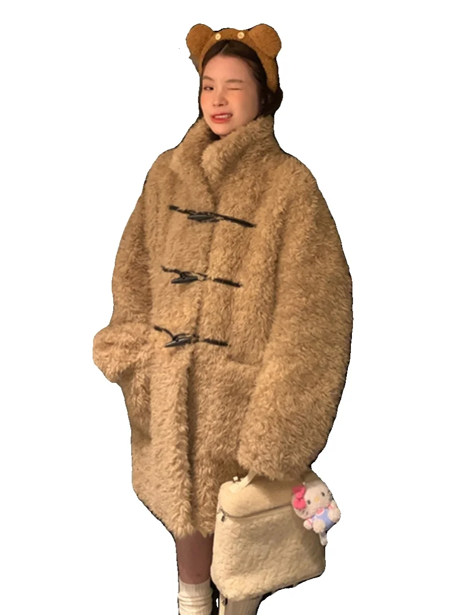 معطف نسائي متوسط الطول من الفرو الصناعي، معطف دافئ بأزرار على شكل قرون الدب، معطف طويل بأكمام طويلة وياقة مربعة