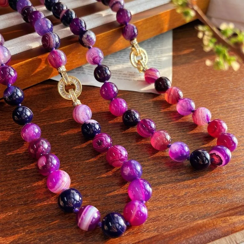 12mm large-grain mysterious amethyst and agate necklace hand-knotted jade clavicle chain unique