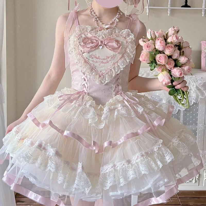 Vestido japonés de Lolita Jsk para mujer, Mini vestidos de princesa de vendaje delgado con volantes de encaje Kawaii, bordado con lazo, lindo vestido de fiesta