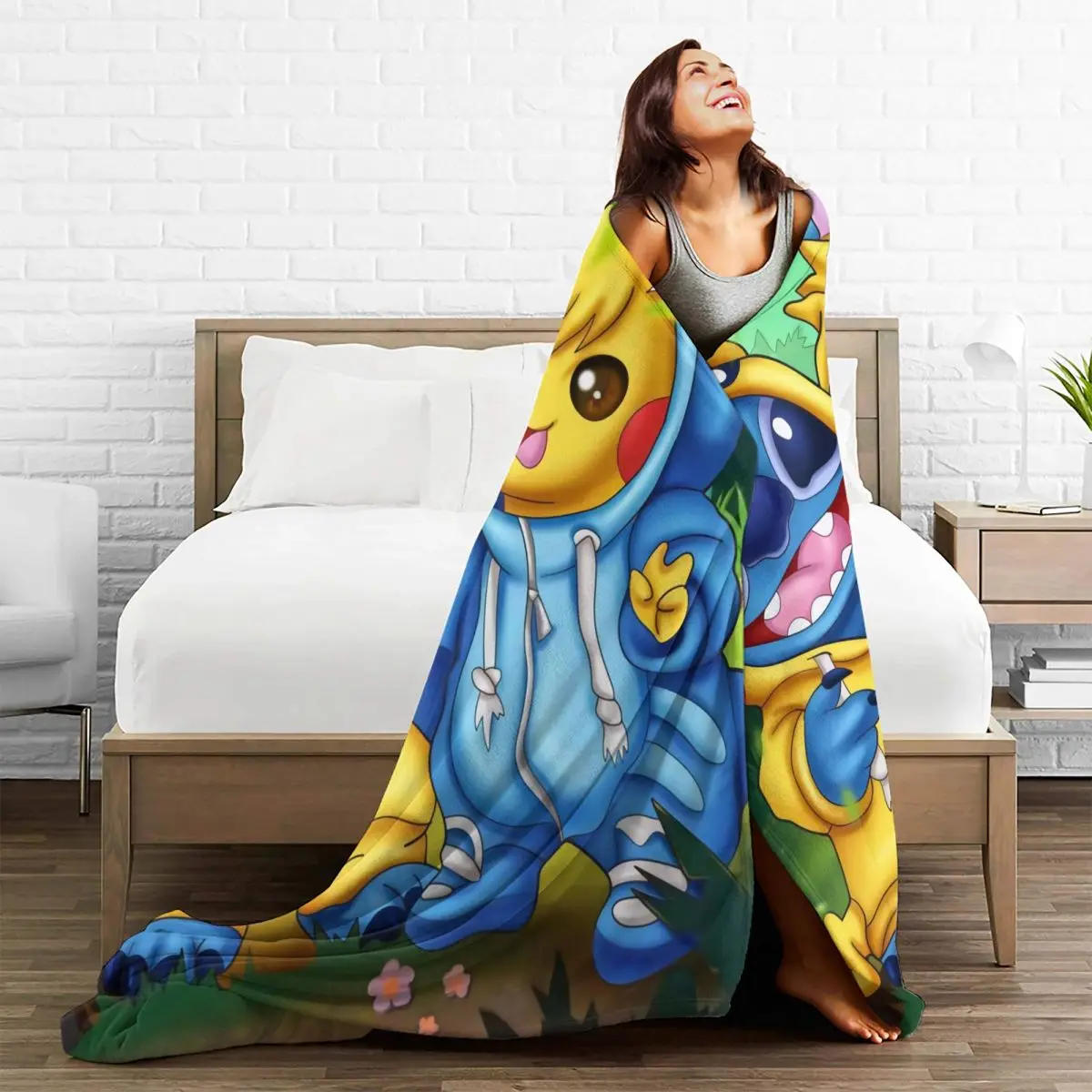 Warm Soft Blanket Picnic Pikachu And Stitch Bedding Throws Flannel Bedspread For Living Room Print Sofa Bed Cover