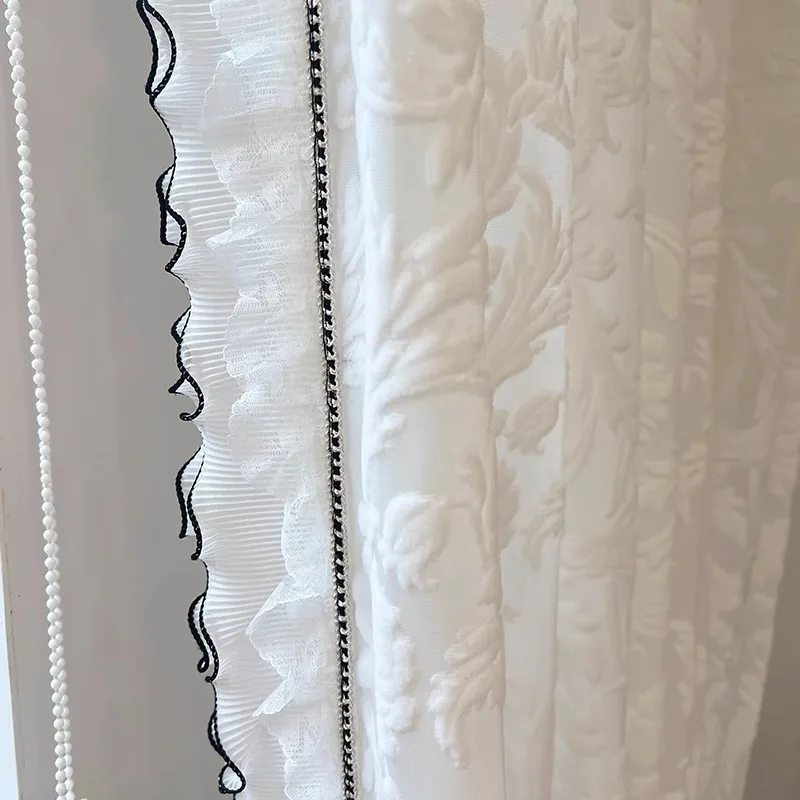 Retro French Sheer Curtains for Living Room Velvet Relief Translucent Luxury Semi Sheer Window Treatment Not See Through Vintage