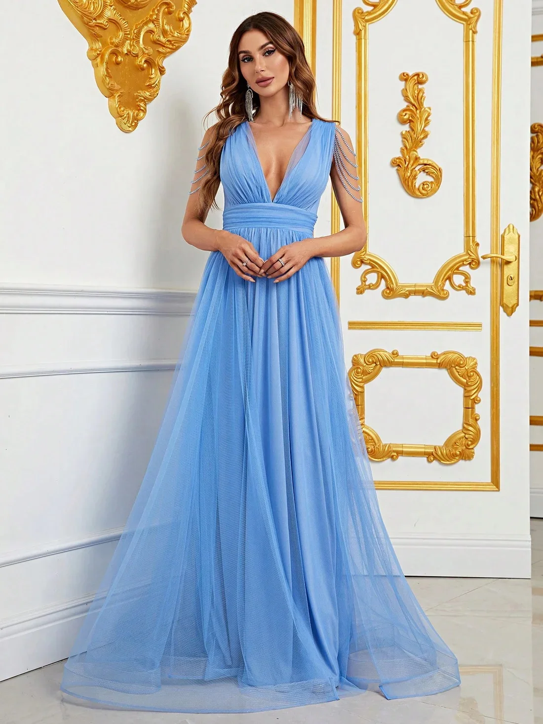 Vestidos de Noche de línea A simples para mujer, vestidos de graduación sin mangas con cuello en V, vestidos de fiesta de boda formales con cuentas sexys