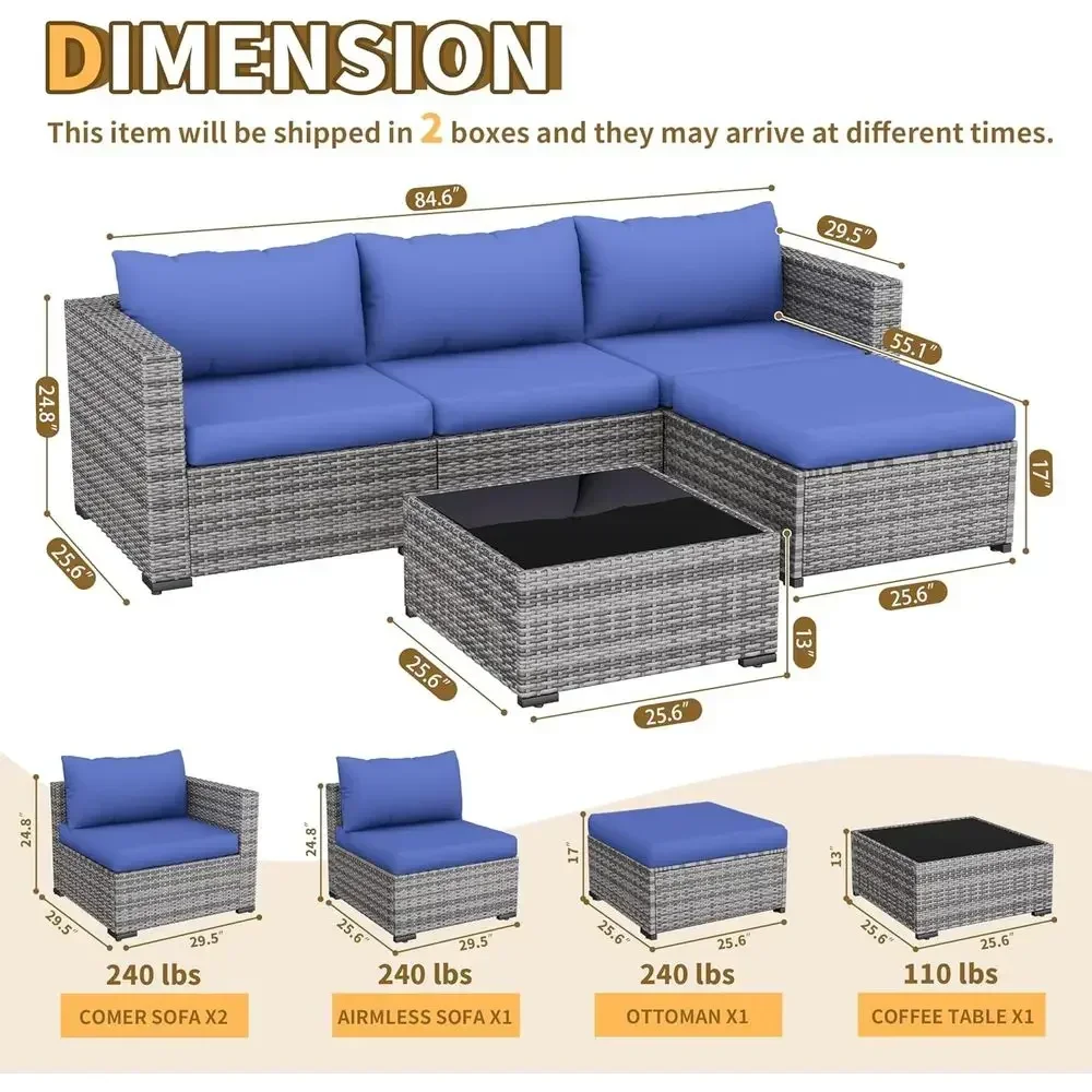 L-Shaped All-Weather Wicker Outdoor Sectional Sofa Set with Ottoman and Glass Table, Blue