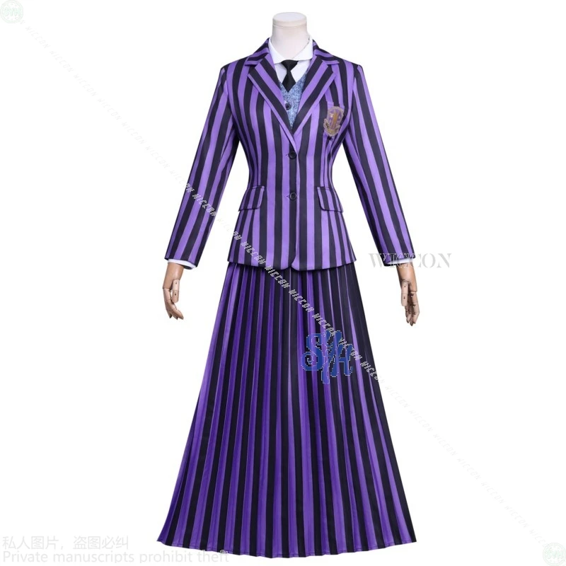 Never More Agnes-Disfraz de Cosplay, uniforme escolar gótico, abrigo de rayas negras y moradas, Lolita, Halloween y Navidad