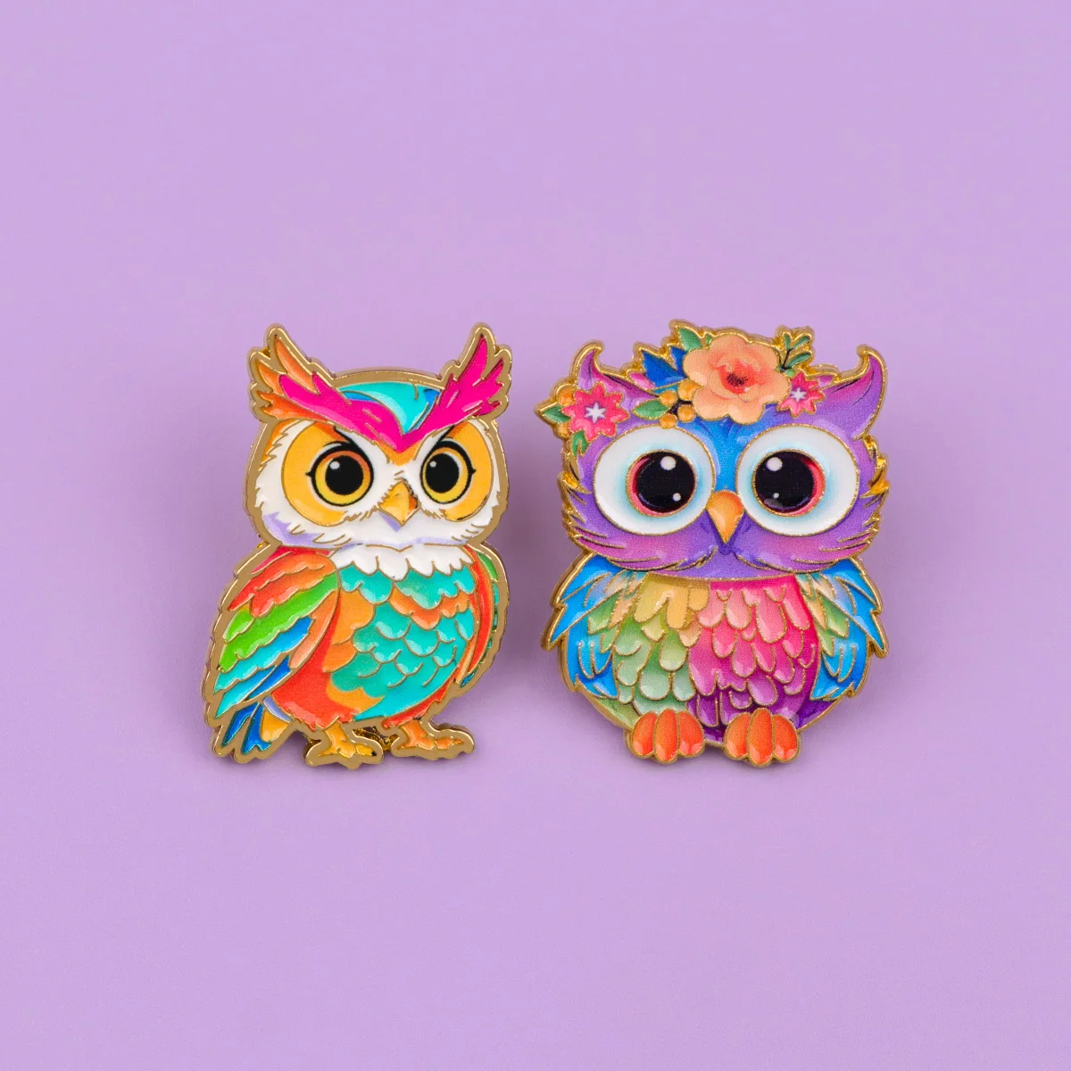 2er-Set Blumen-Eulen-Emaille-Pins, Regenbogenfeder-Metallbroschen, Rucksack- und Reversabzeichen, Modeschmuck-Kollektion, Geschenk für Freunde