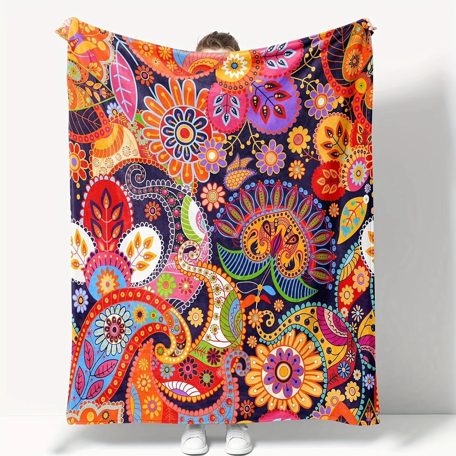 2D Flat Print, 1pc of Vibrant Vintage Ethnic-style Throw Blanket/blanket, Featuring a Colorful Paisley Floral Curly Vine and Lea