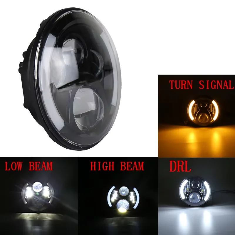 OVOVS 7 Inch Black LED Headlight 50W High Low Beam White DRL Amber Turn Signal Moto Headlamp Fit for Harley