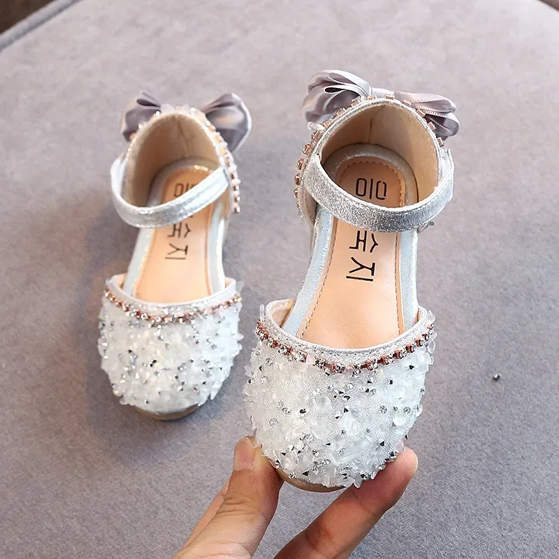 Ragazze Fashion Princess Flats Shoes Crystal Bow School Student sandali morbidi bambini Pu Flat Baby Rhinestone Toddler Footwear