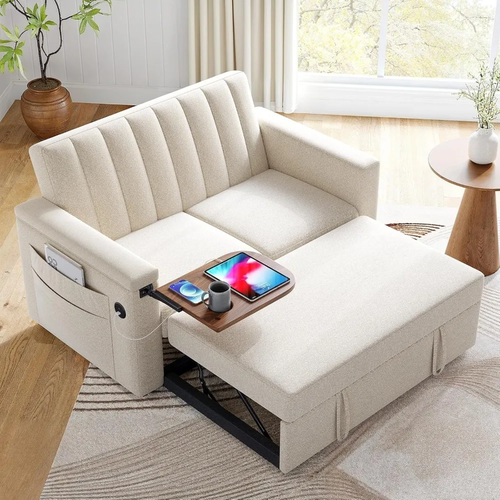 

3-in-1 Convertible Sofa Bed, 54" Sleeper Sofa with Solid Wood Side Table & Frame, Pull-Out Couch with USB Ports & Side Pockets,