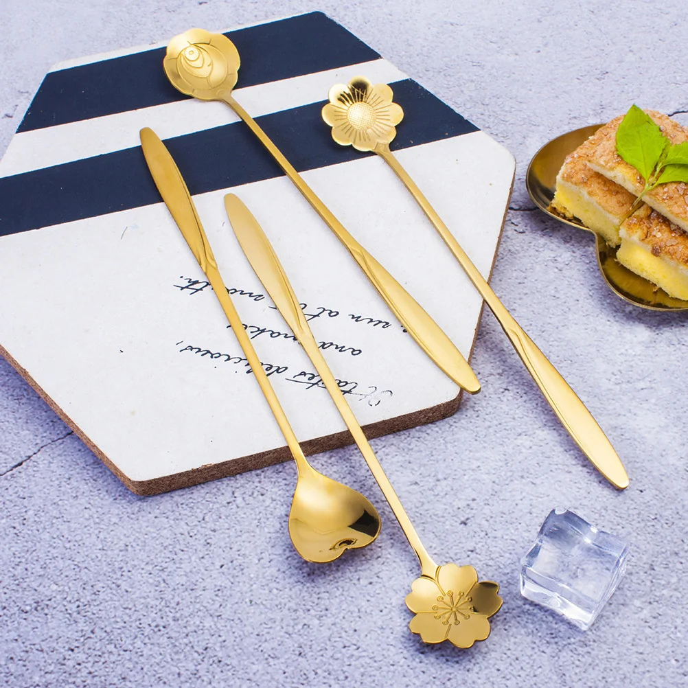 

3 pcs Stainless Steel Cake Spoon Long Handle Petal Design Mixing Coffee Spoon For Iced Tea Sundae Bar Kitchen Tool