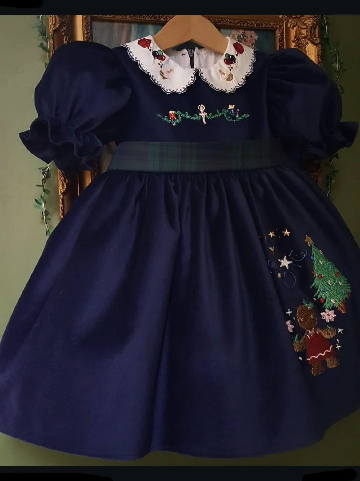 Baby Girl Autumn Navy Blue Gingerbread Man Embroidery Vintage Turkish Princess Ball Gown Dress for Eid Birthday Party Christmas