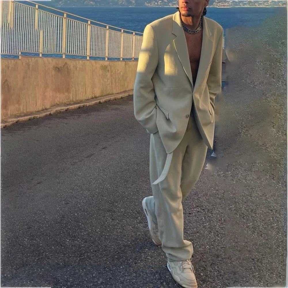 

New Unique Men Suit Loose Casual Single Breasted Outfits High Quality Two Piece(Jacket+Pants)Groom Party Prom Wedding Set