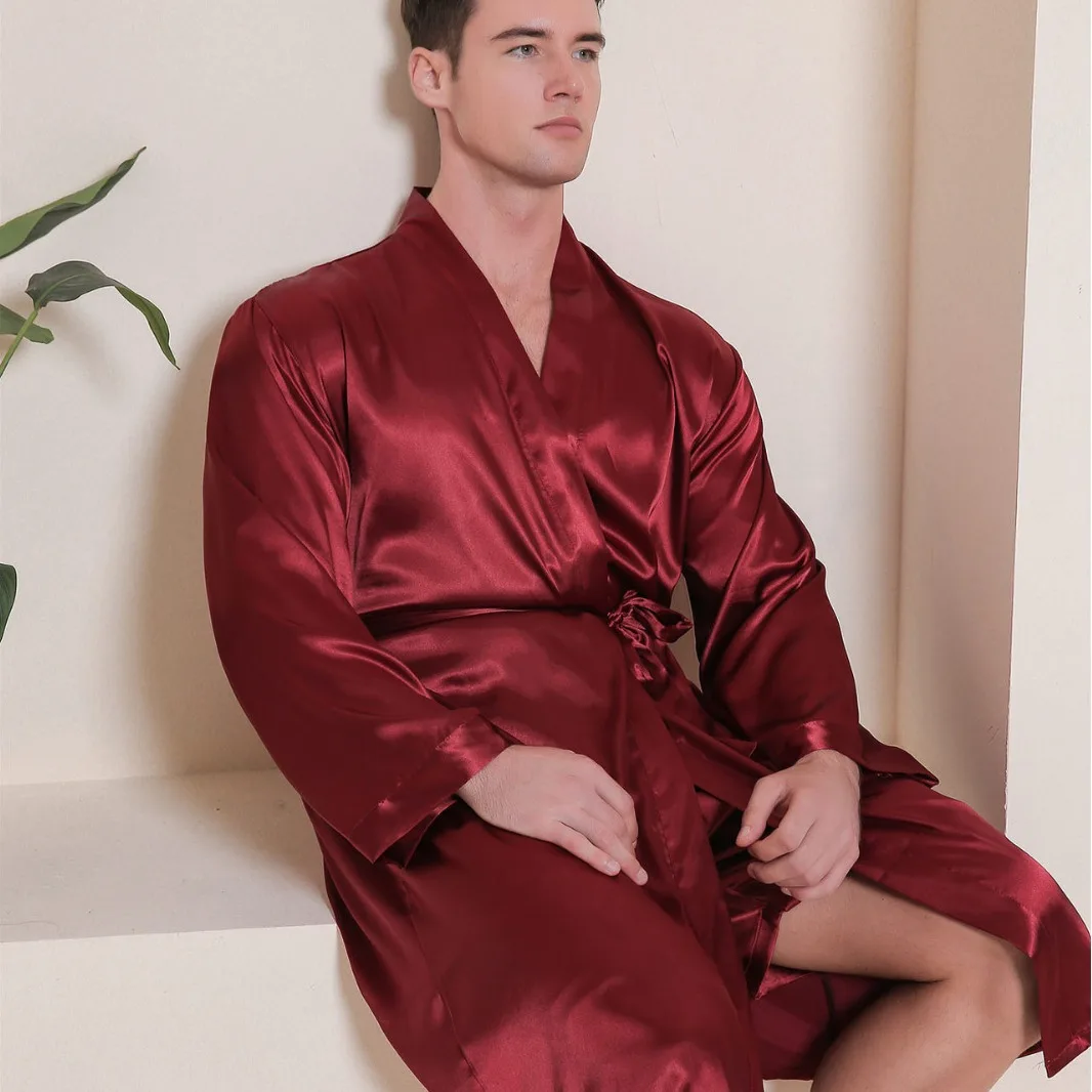 New Male 2PCS Robe Pajamas Set Loungewear Silky Burgundy Satin Bathrobe Kimono Gown Spring Summer Men's Sleepwear Home Clothes