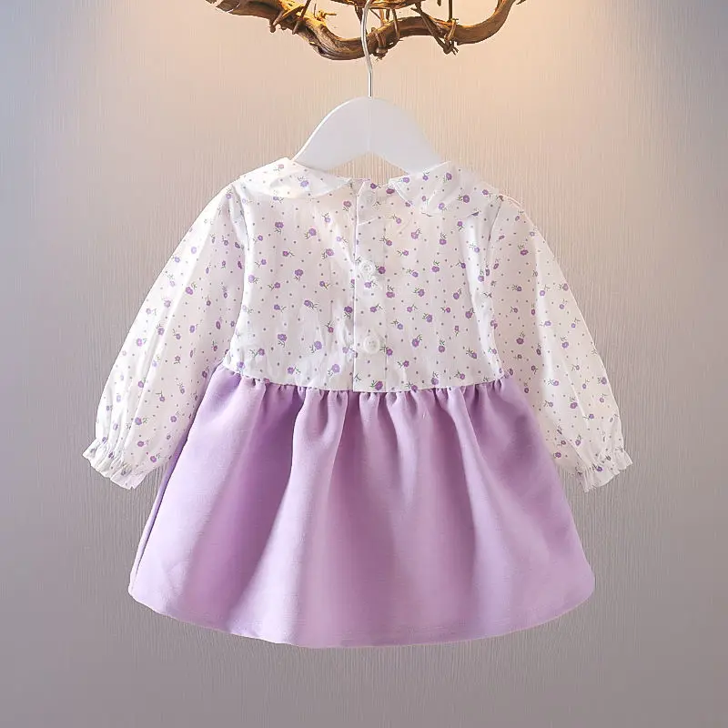 Pure Cotton Spring Autumn Splicing Ruffles Print Bandage Bow Girls O-Neck Cartoon Pleated Long Sleeve Back Button Casual Dress