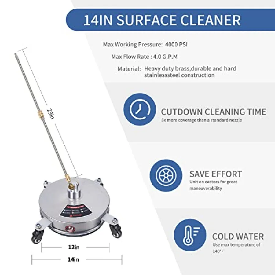 Prure Washer Surface Cleaner with 4 Wheels, Stal Steel Power Washer Accory for Driveways Sidewalks Patios Cleang, 1/4