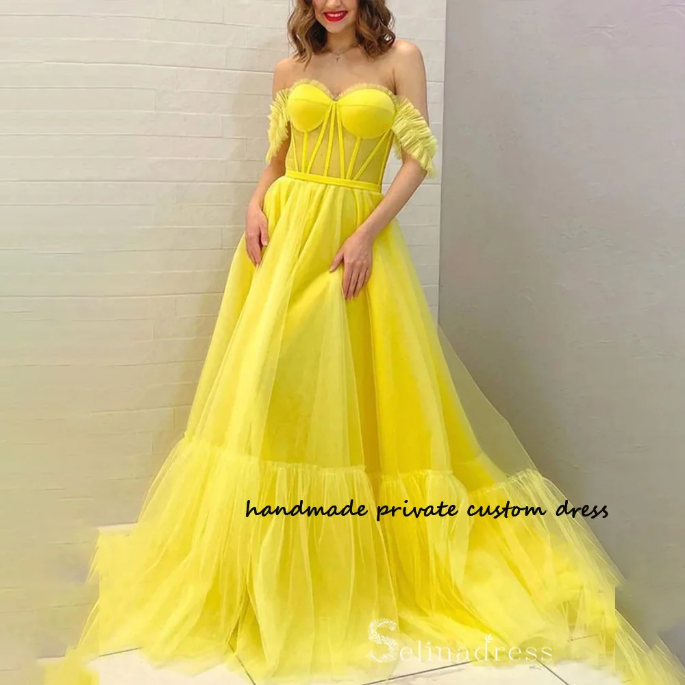 

Yellow Tulle Off Shoulder A Line Prom Party Dresses Bone Corset Sweetheart Fairy Homecoming Prom Gowns Long Graduation Dress