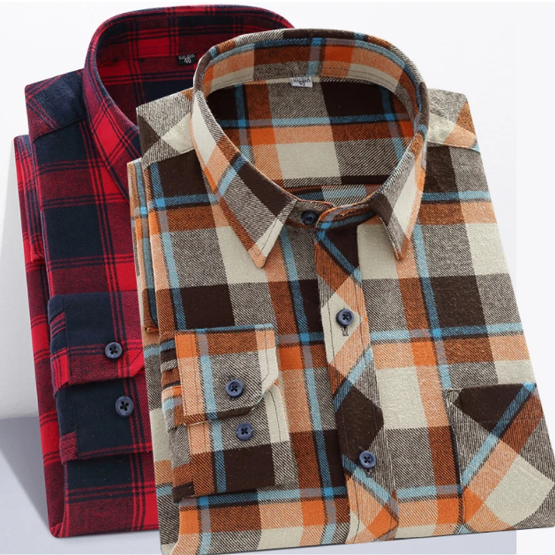 Large 6XL Men\'s 100% Cotton Flannel Brushed Plaid Shirt Non-iron Wrinkle Resistant Long Sleeve Fashion Slim Fit Business Casual