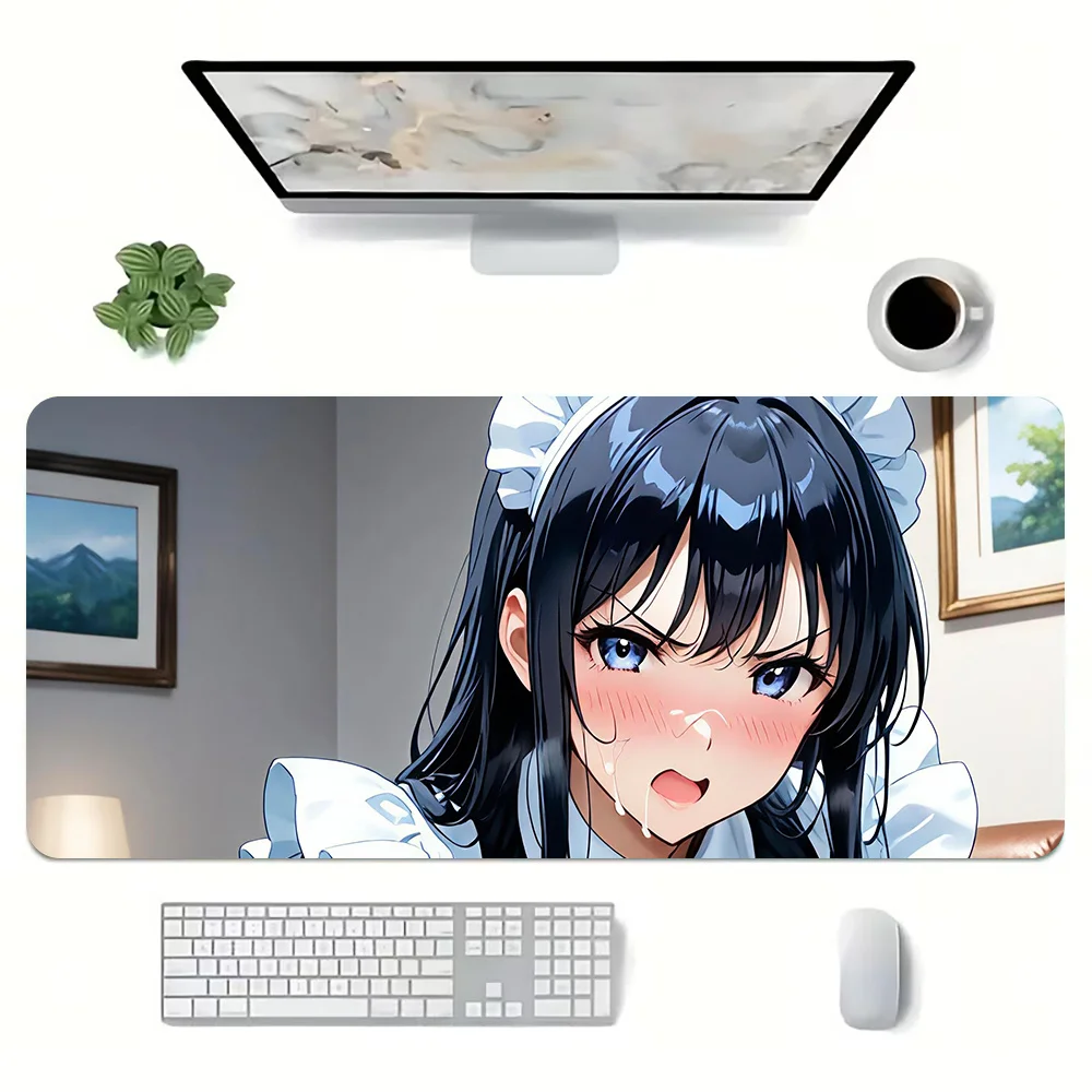 Anime Style Blushing Maid Girl Large Mouse Pad, Non-Slip Gaming Desk Mat for PC, Cute Keyboard Pad