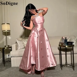 SoDigne Elegant Pink Satin Evening Dresses Strapless A-Line Sleeveless 3D Flowers Ankle Length 2024 Formal Prom Gowns for Women