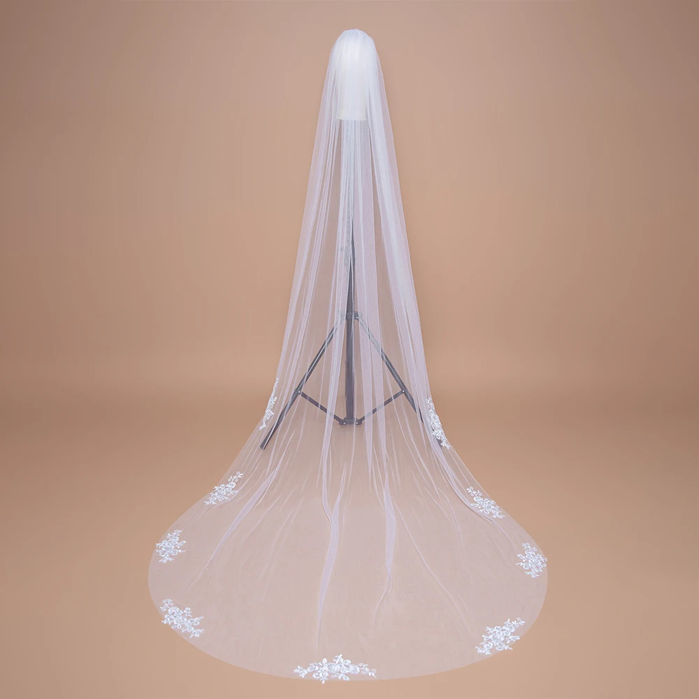 MisShow Weißer Elfenbein-Spitzenapplikationsschleier, einlagiger Kathedralenschleier mit Kamm, langer Illusionstüll für Damen, Hochzeitsschleier 2026 – Detail 7