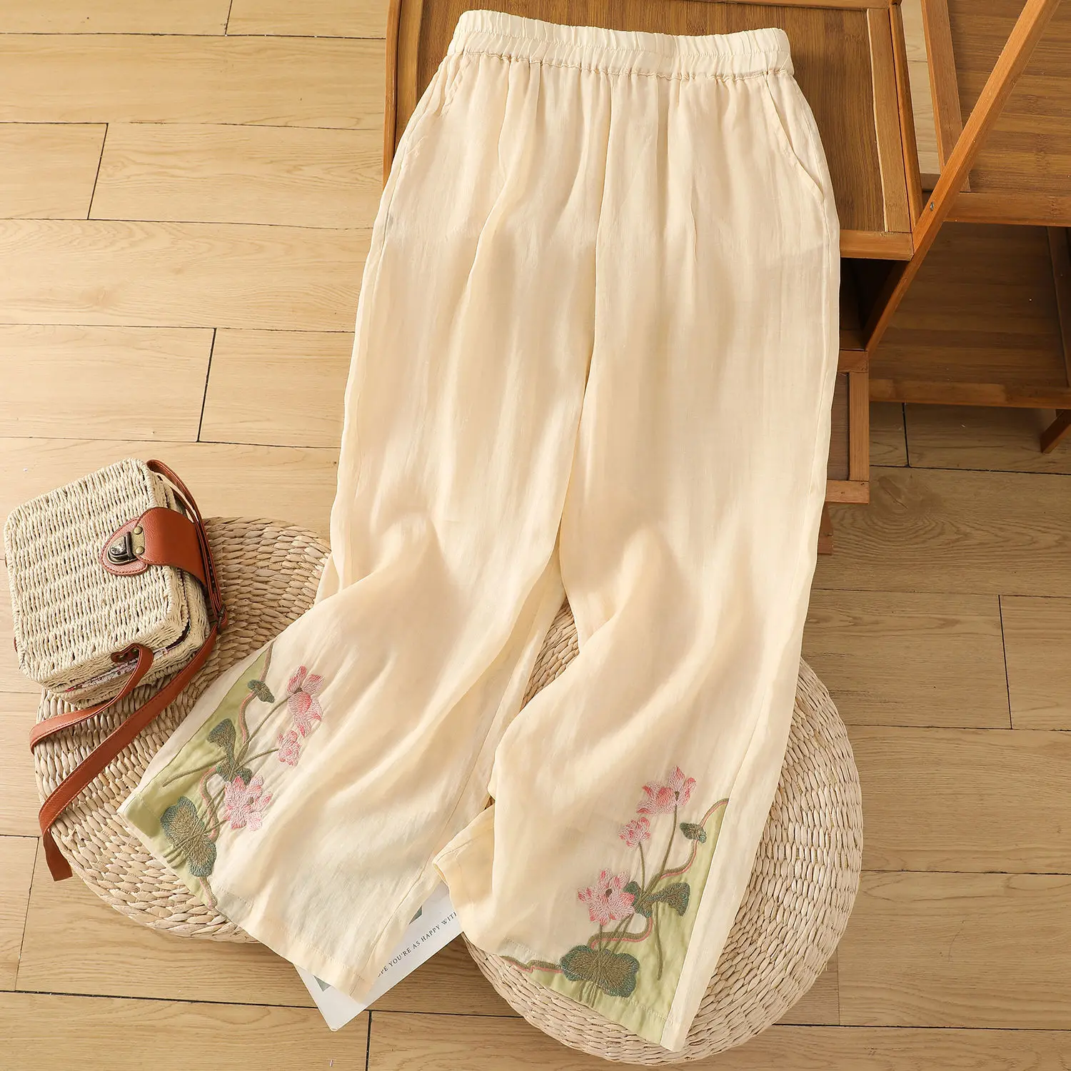 Summer Chinese Style Wide Leg Pants Ladies Casual Embroidered Elastic Waist Vintage Trousers Women Clothes All-match Straight