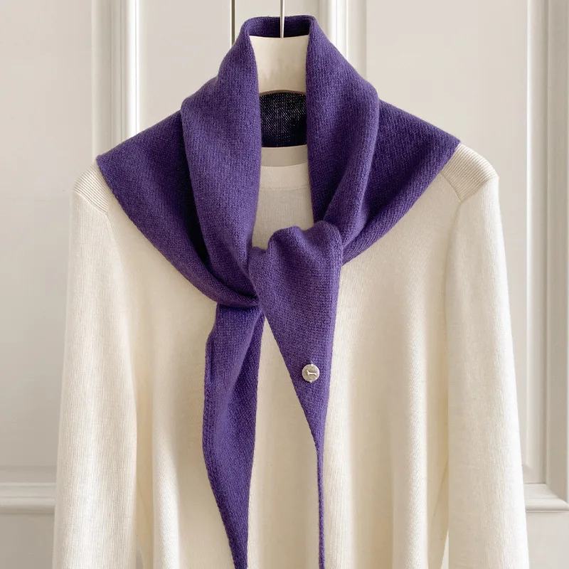 100% Wool Winter Scarf For Women Warm Triangle Knit Scarves Hijab Lady Shawl Wrap Female Purple Green Orange Neck Warmer