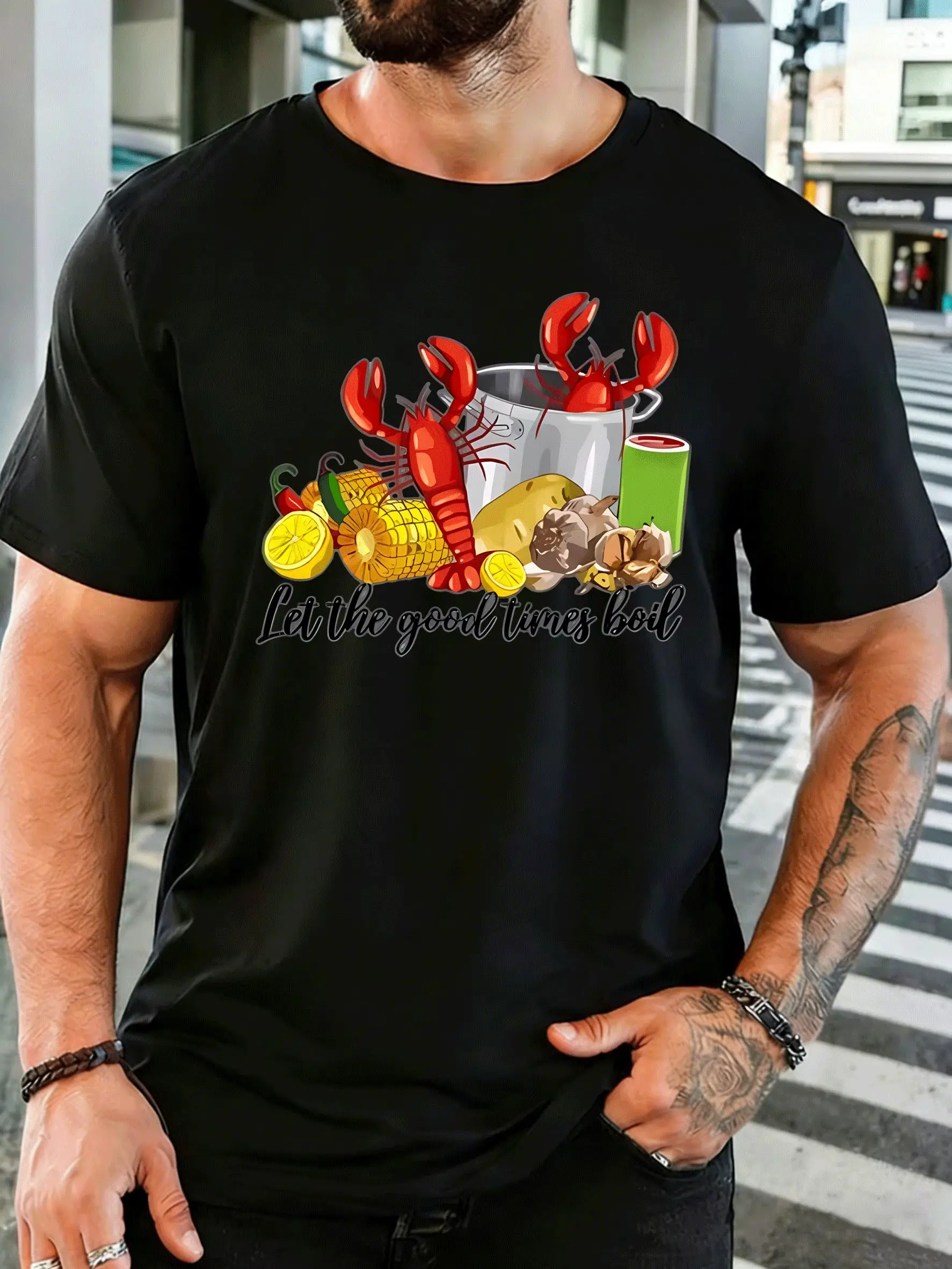 Crawfish Boil Let The Good Times Boil Mens Front Print T Shirt Seafood Party Graphic Tee Casual Short Sleeve Top Food Fan Gift