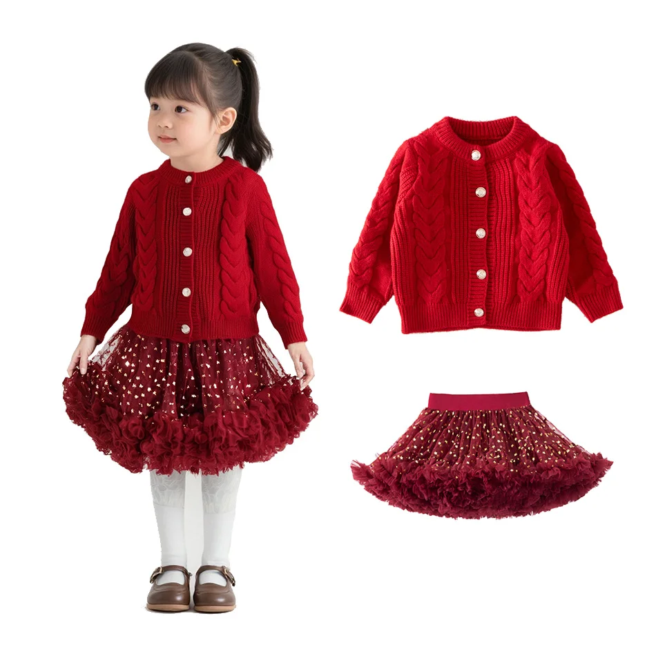 Girls Christmas Sweater Baby Autumn and Winter Clothes Kids Red Green Twist Cardigan Thick Knitted Sweater Jacket Winter Outfit