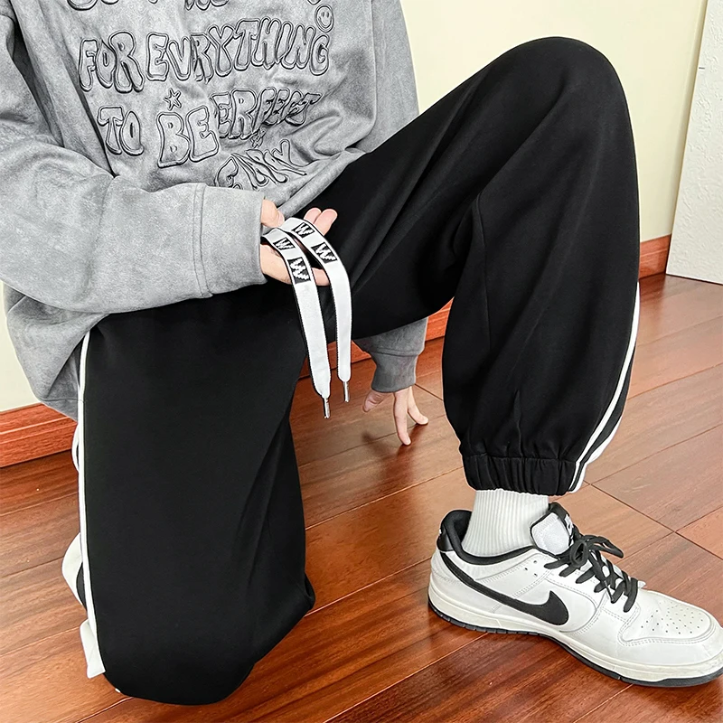 Men's Stripe Solid Spring Autumn Elastic High Waist Pocket Button Haren Casual Loose Fashion Trousers Office Lady Vintage Pants