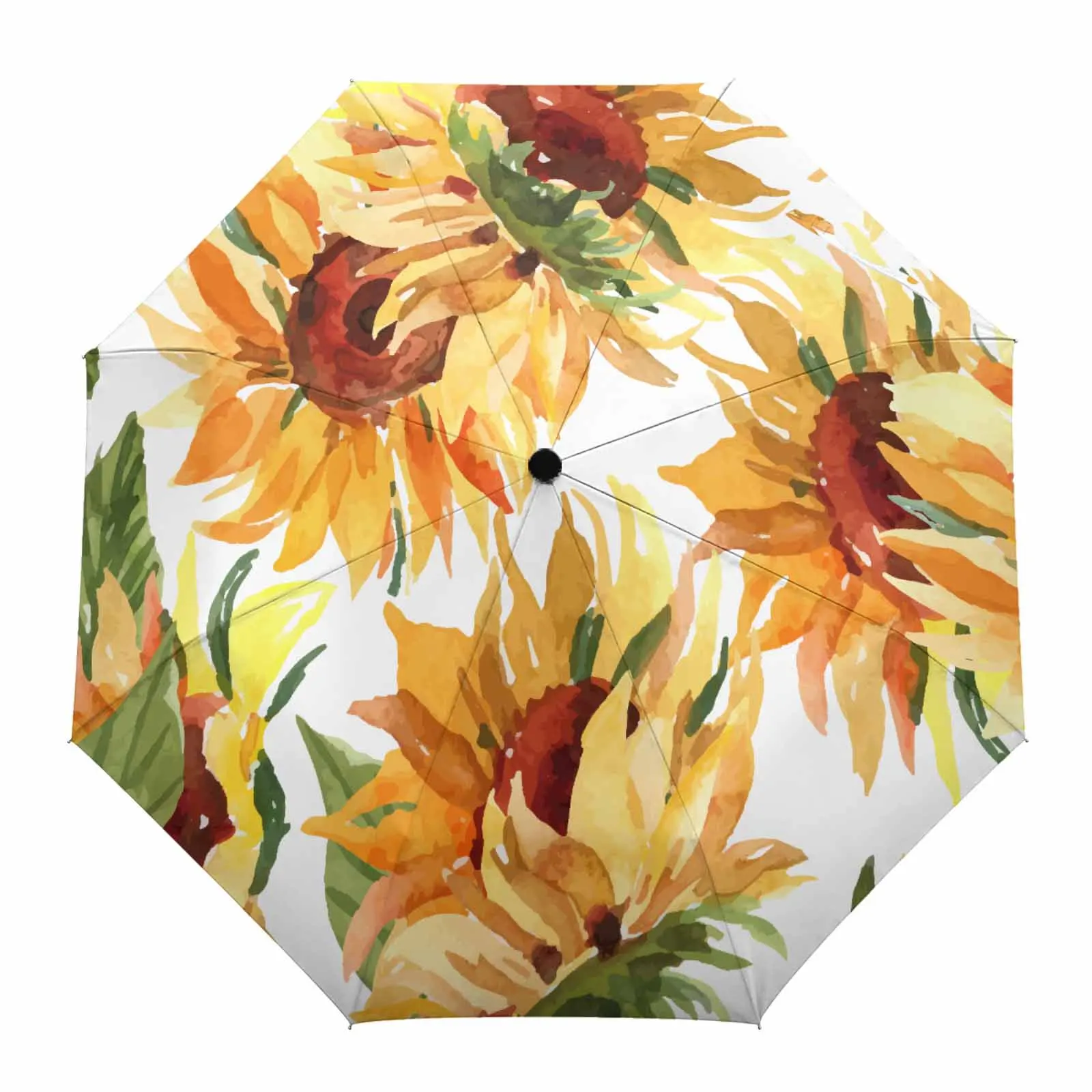 Plants Watercolor Grass Leaves Sunflowers Outdoor Fully-automatic Folding Eight Strands Umbrellas for Adults Printed Umbrella